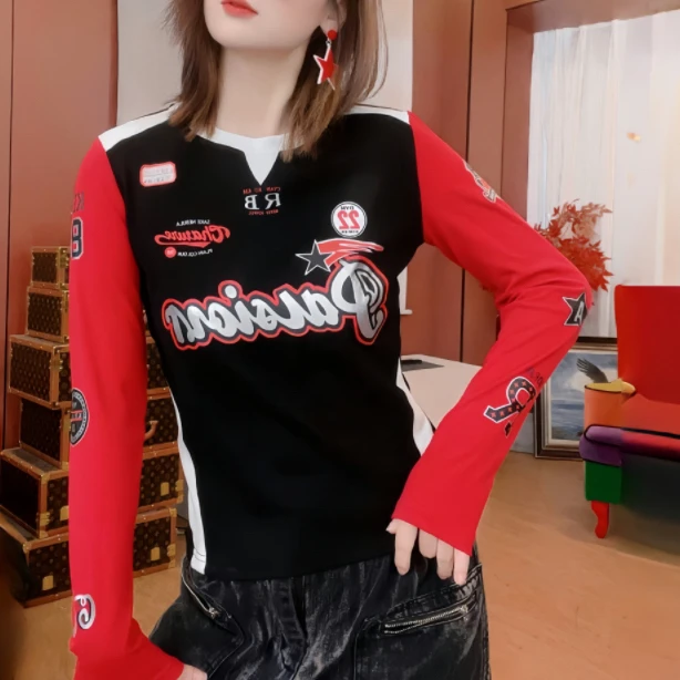 KM80007长袖修身拼接印花T恤打底衫