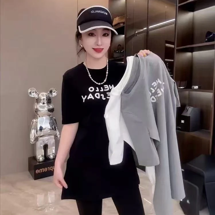 欧货2025夏季新款半袖字母印花短袖T恤女中长款开叉收腰上衣10368