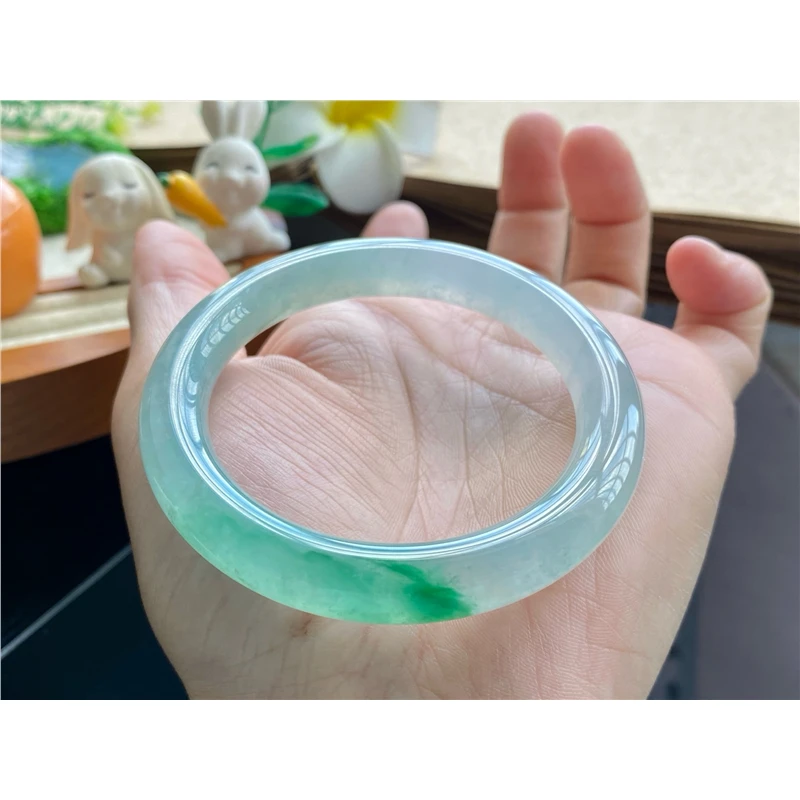 天然翡翠10.01批高货冰翠绿飘花圆条8786号51.7-9.2-天然翡翠手镯