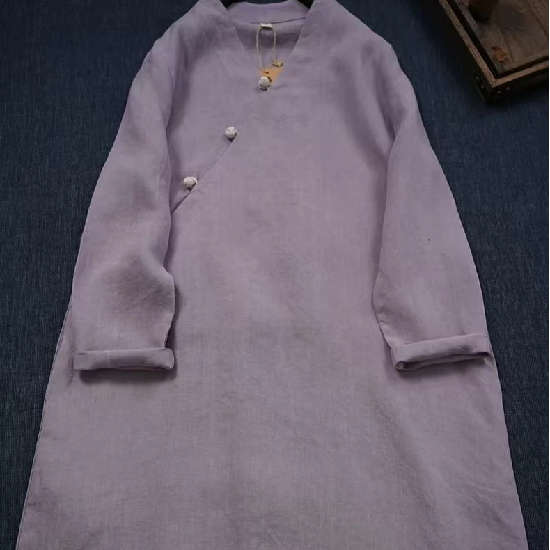 静家 春秋汉麻紫色文艺盘扣改良女袍子连衣裙打底衫罩衫国风