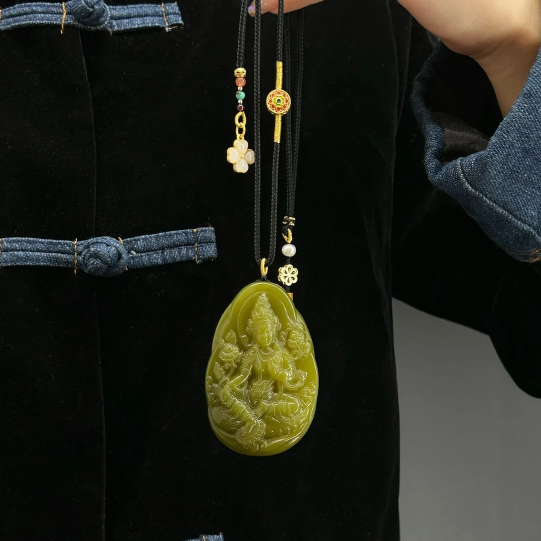 长白山财源玉绿度母吊坠毛衣链