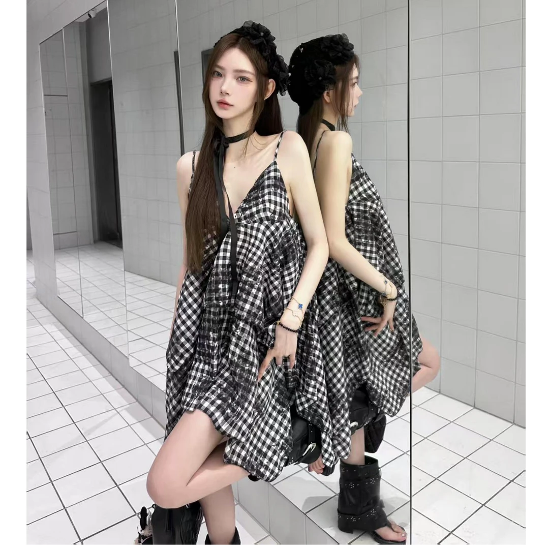 美式辣妹复古不规则双层格纹吊带裙女松弛感叠穿古早风蓬蓬连衣裙