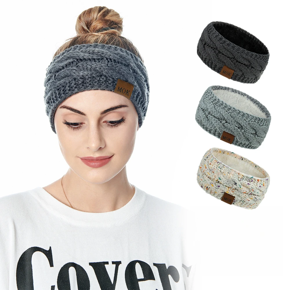 MOK新款发饰外贸秋冬季加绒毛线针织发带运动头带护耳套
