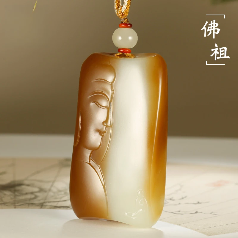 和田玉佛祖老红糖白肉悟道吊坠