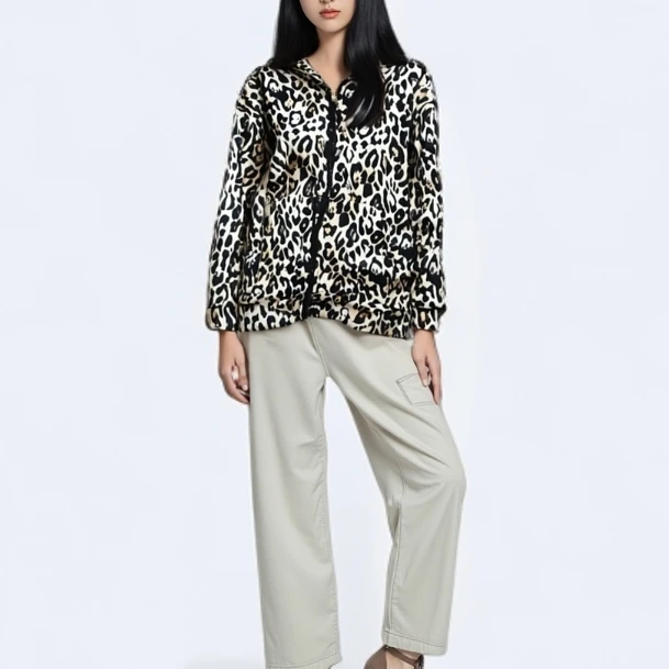 A167迷彩豹纹设计师落肩袖加绒印花宽松型卫衣长袖拉链连帽