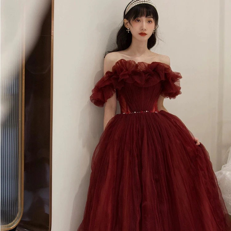 一字肩敬酒服新娘酒红色结婚订婚礼服2025新款小个子法式高端大气