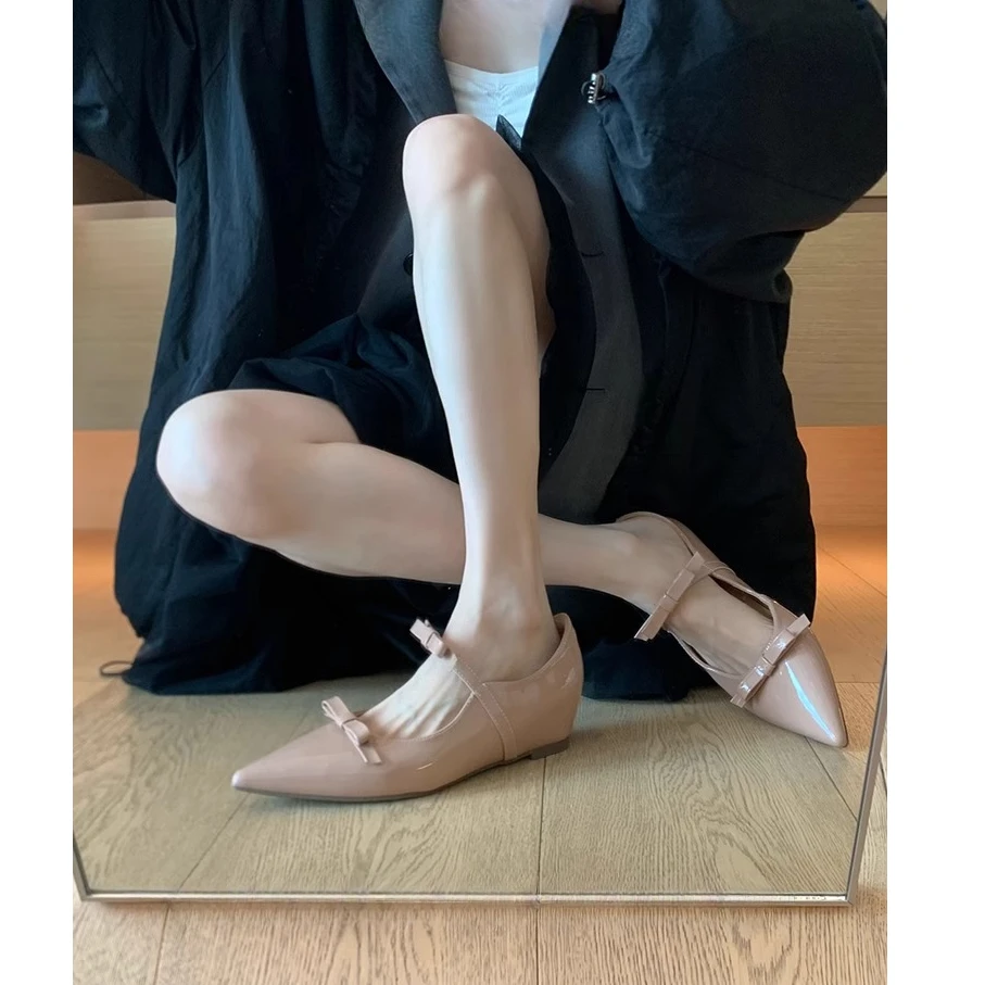 meichen/美晨法式内增高平底单鞋女一字带浅口鞋子尖头玛丽珍女鞋