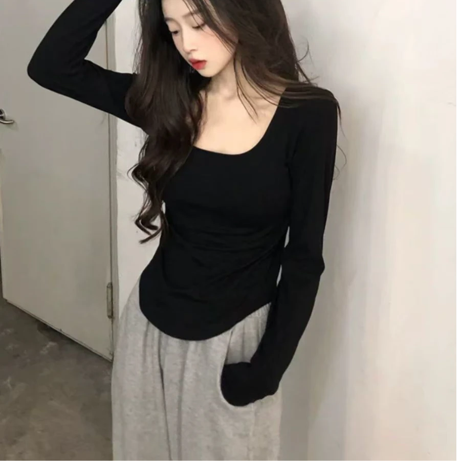 闺蜜家    春秋内搭方领纯欲风大码胖mm显瘦打底衫T恤8830