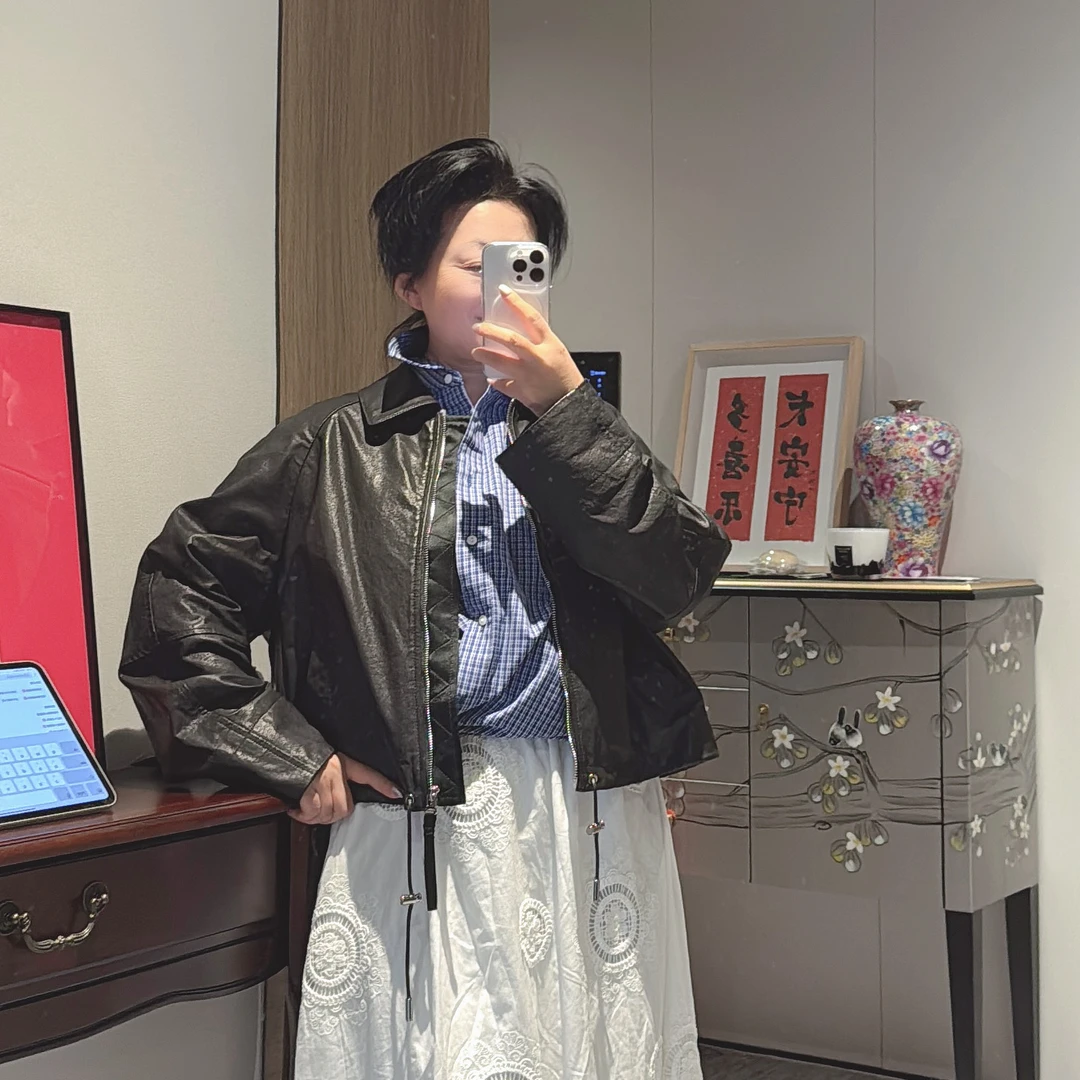 Fen姐|【松弛美学】时尚翻领羊皮拉链下摆抽绳百搭长袖皮外套833209