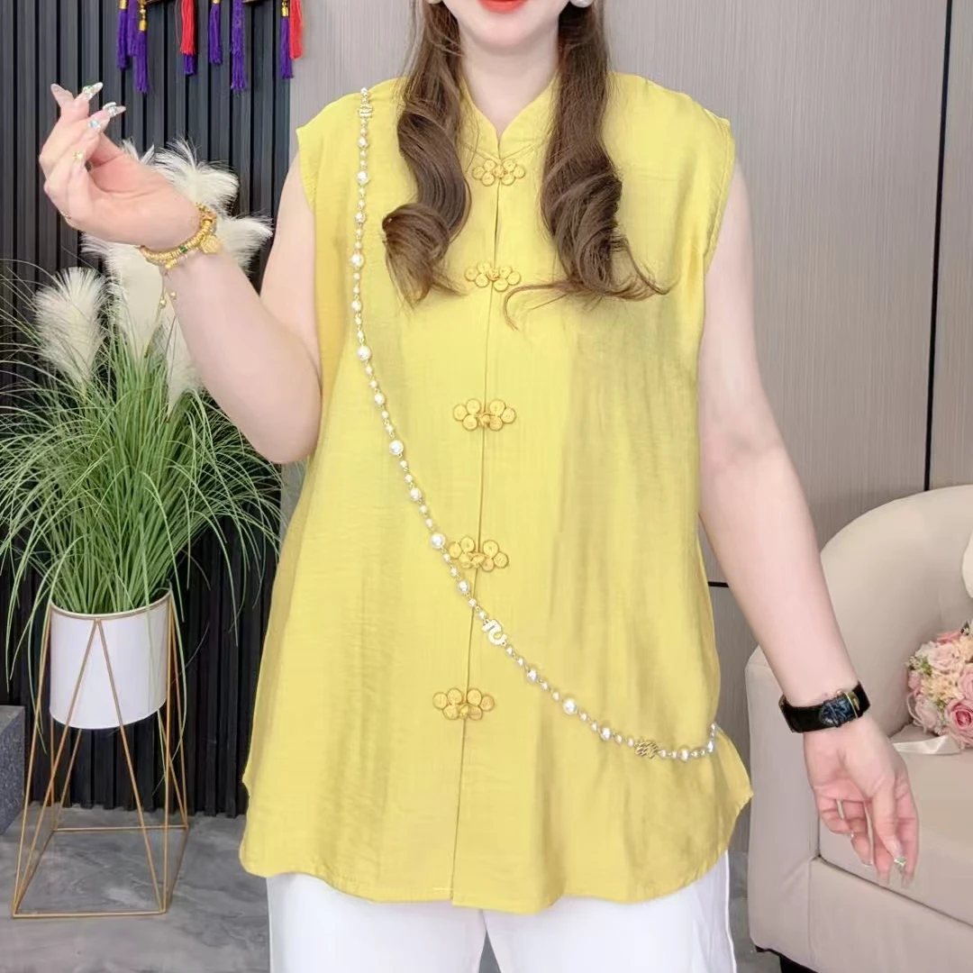 新中式禅意风绝美立领亚麻坎袖马甲小衫