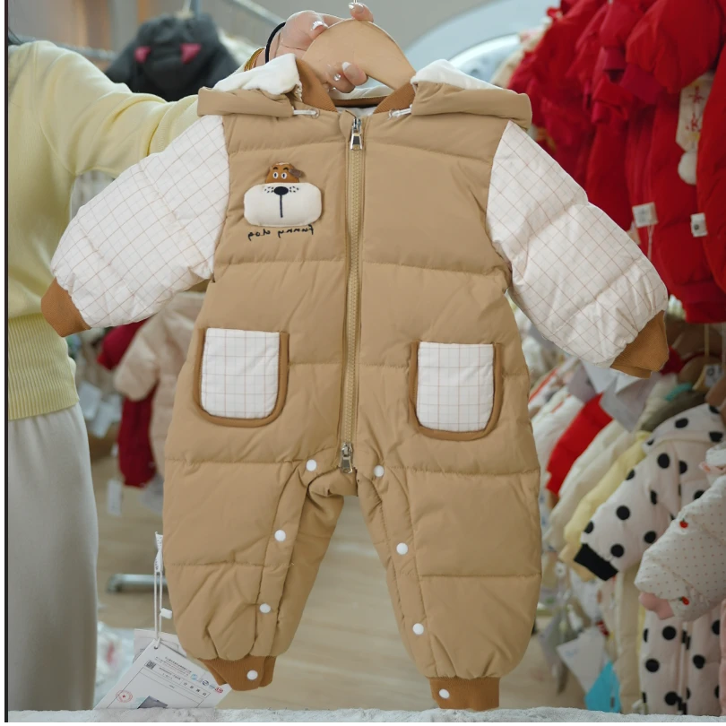 婴儿da'z大嘴小狗拼色格子羽绒连体爬服