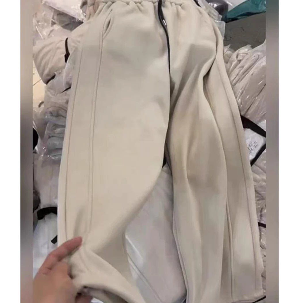 668980松紧腰米杏色加厚休闲裤加绒百搭直筒