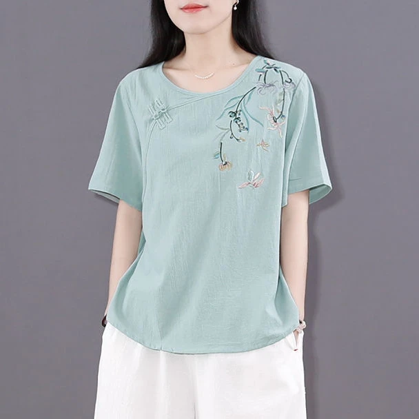 【现货+运费险】棉麻衬衫中国风女装复古刺绣文艺民族短袖t恤XK08