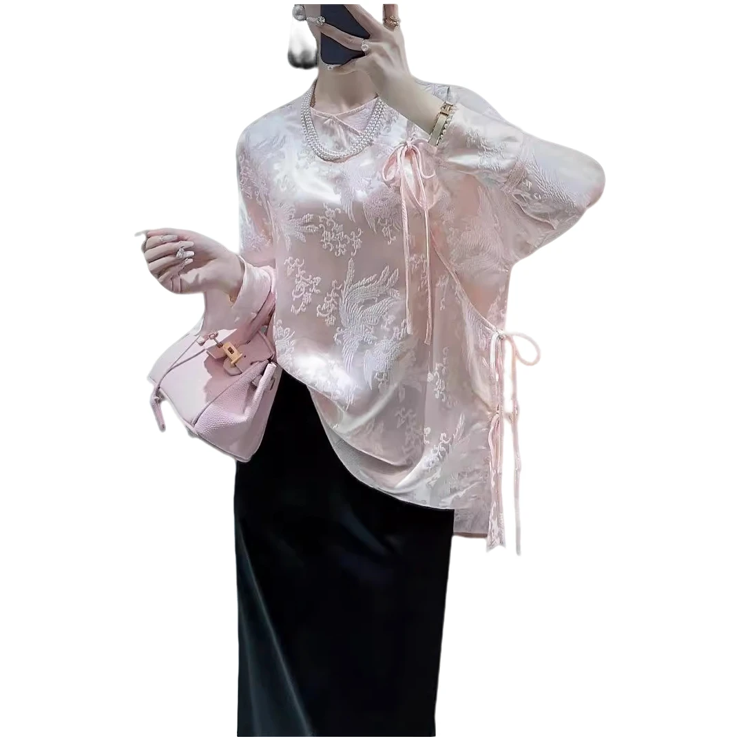 新中式春秋新款复古气质国风老钱风百搭显瘦真丝冠乐皱衬衫上衣