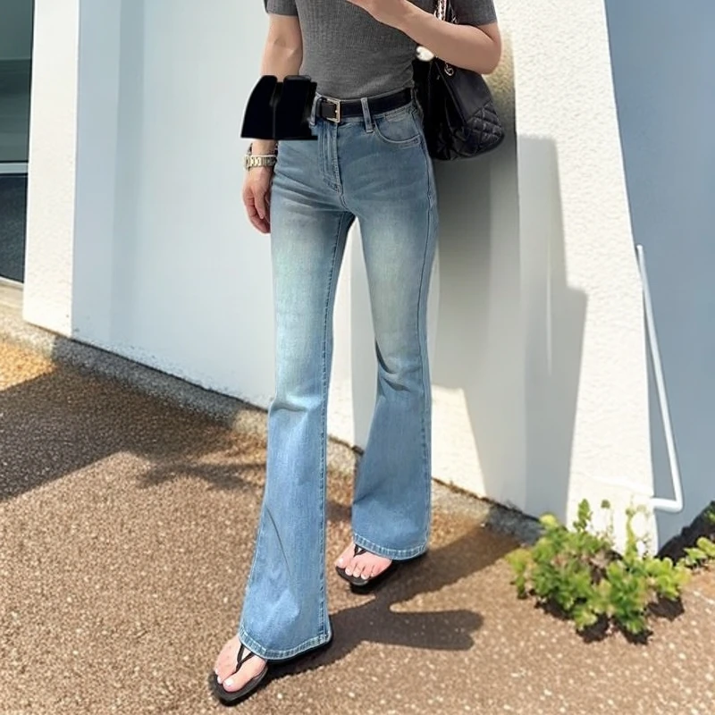 GPTSu美式浅色流行高腰微喇叭牛仔裤女2025年夏季款直筒显瘦修身