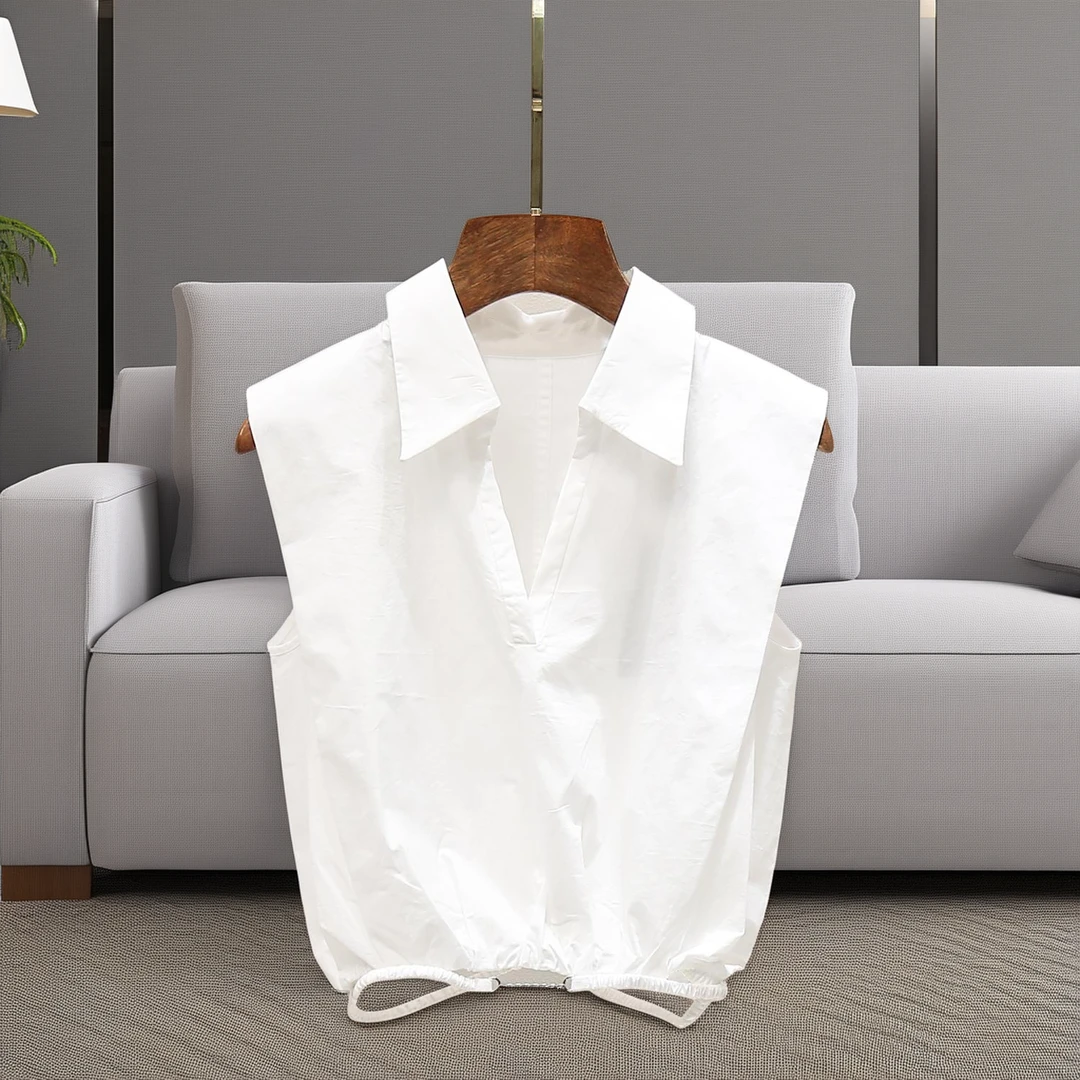 2025夏季洋气爆款高端大气老钱风时髦气质翻领无袖短款衬衫女式上