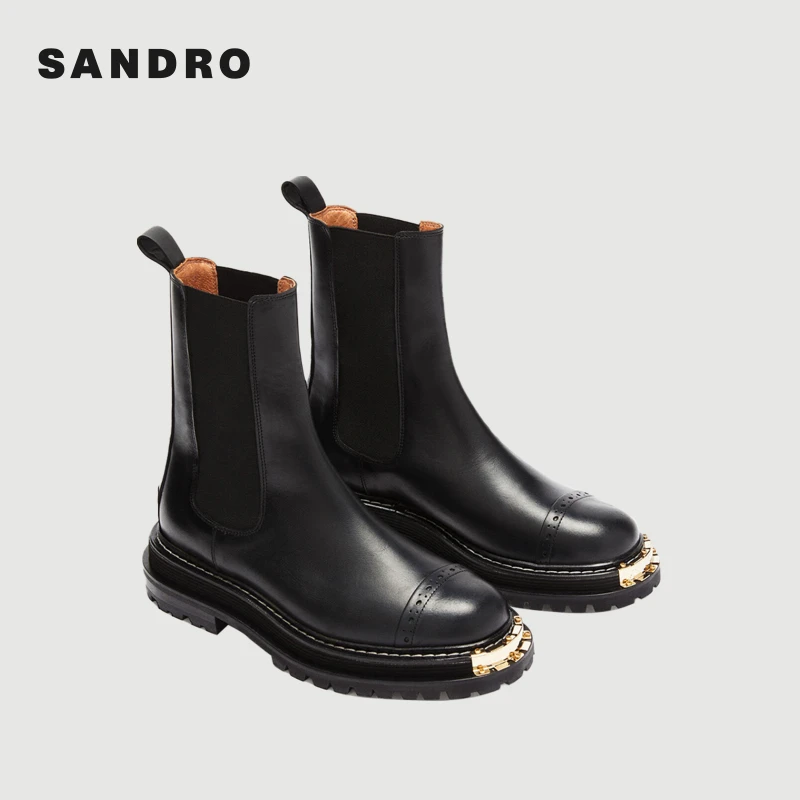 SANDRO经典款法式女士复古徽标金属装饰切尔西黑色女靴SFACH00498