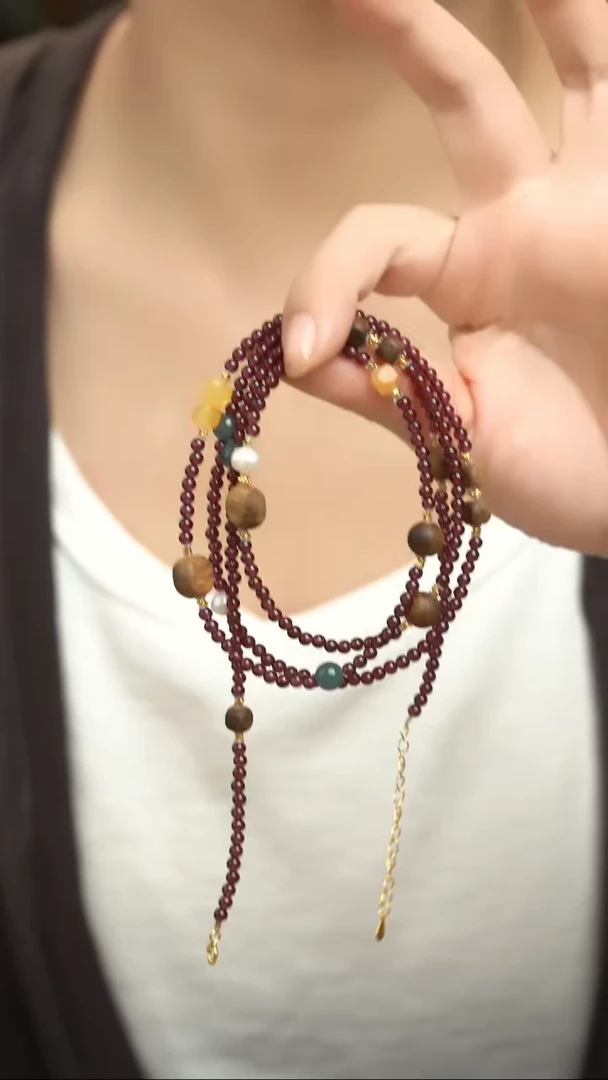 吊坠沉香未镶嵌石榴石紫牙乌超长链多宝项链