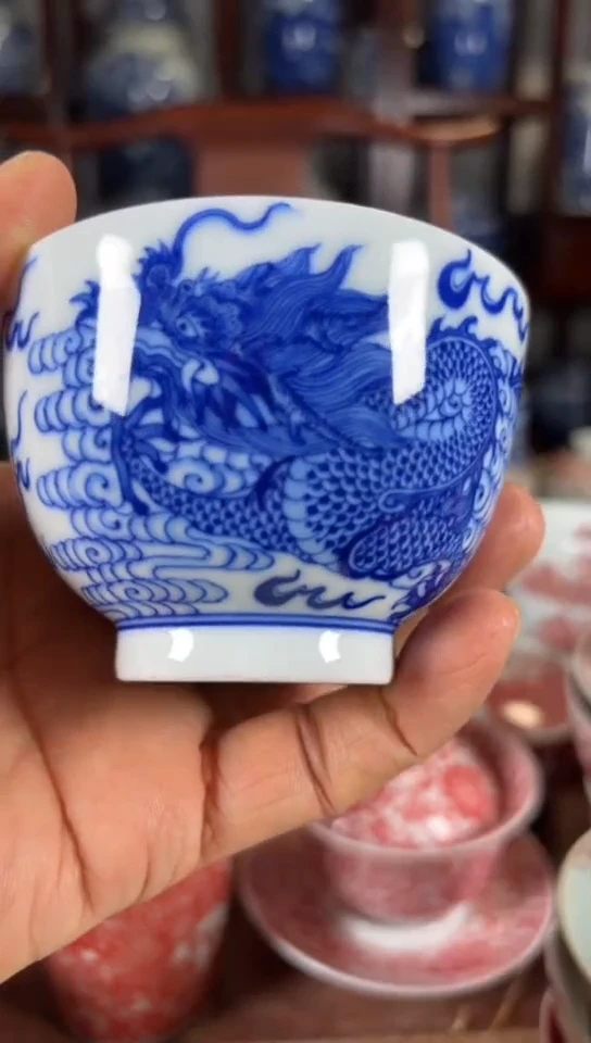柴窑青花龙纹杯杯