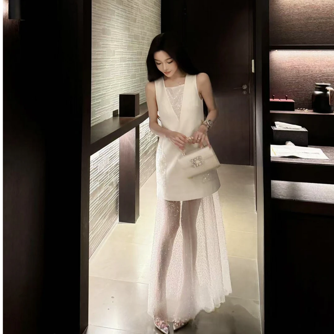 【优雅轻性】法式轻奢气质拼接优雅白色无袖小众夏季流行手工长裙