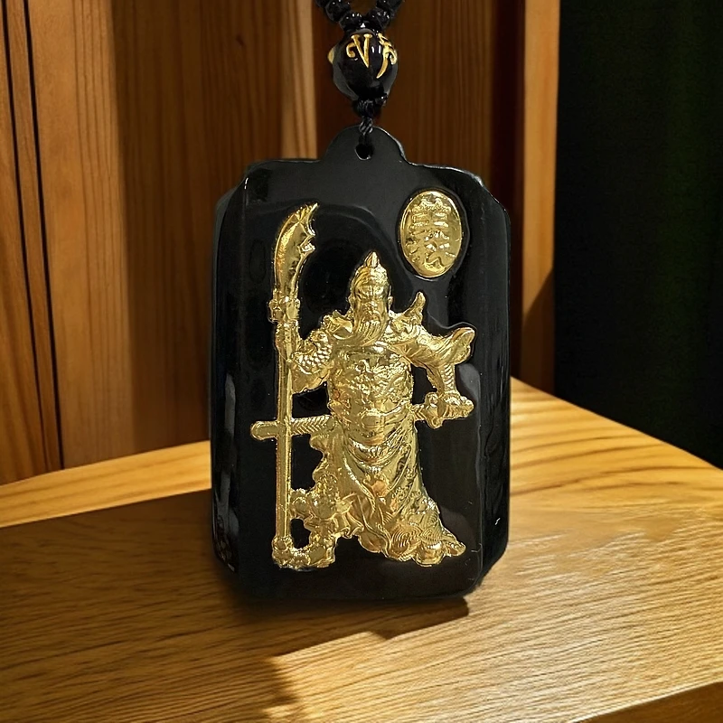 足金黄金真金和田玉关公吊坠-带绳-带礼盒证书 LL05
