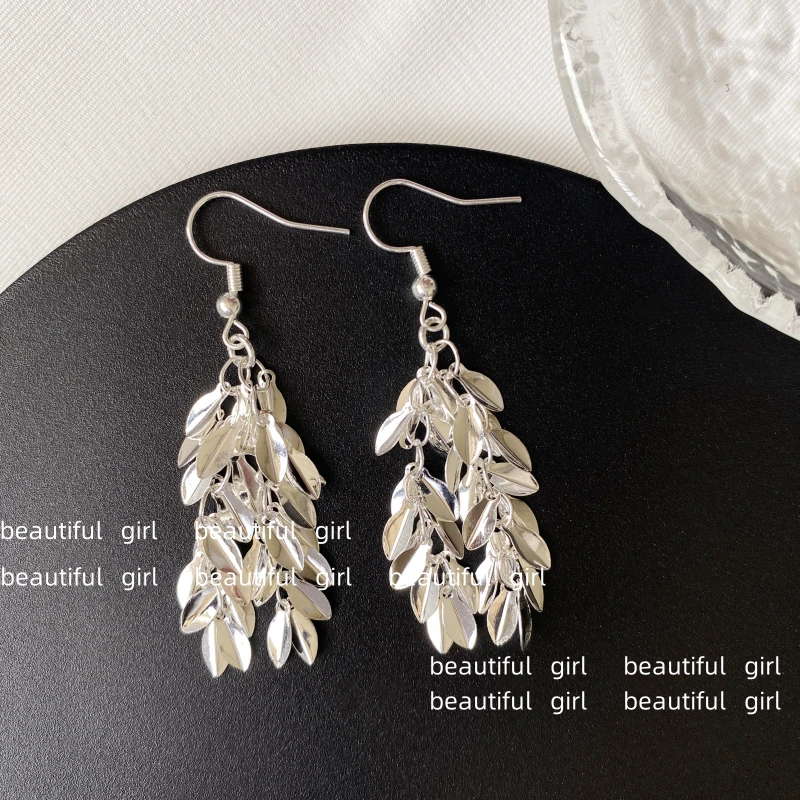 铜合金耳饰 清冷银色麦穗流苏耳环无耳洞女高级感耳坠叶子耳饰