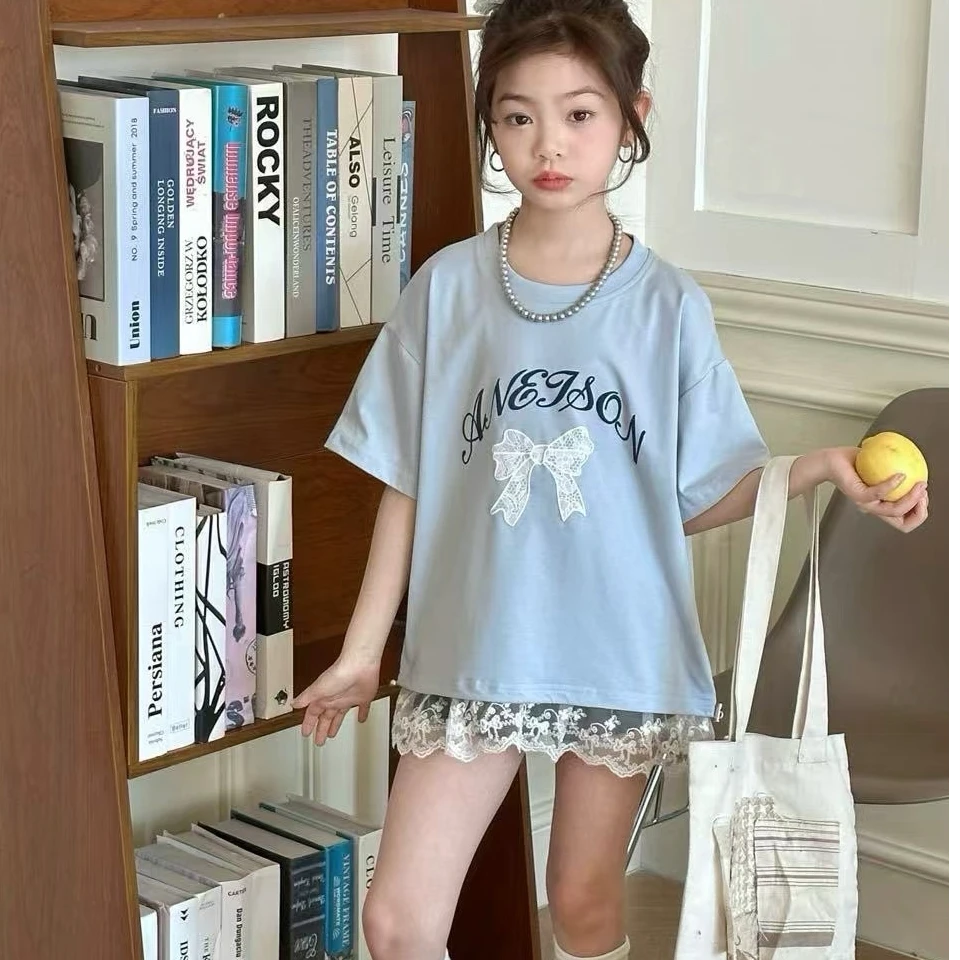 女童装2025年夏季新款半袖韩版蝴蝶结棉甜美T恤字母中大童儿童