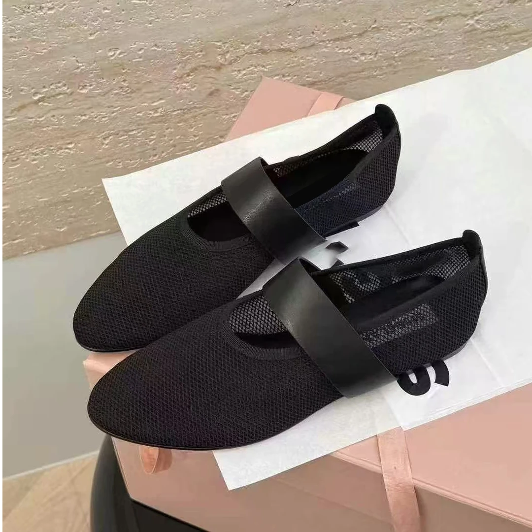 AMOAF 时尚百搭平底魔术贴网状镂空玛丽珍单鞋