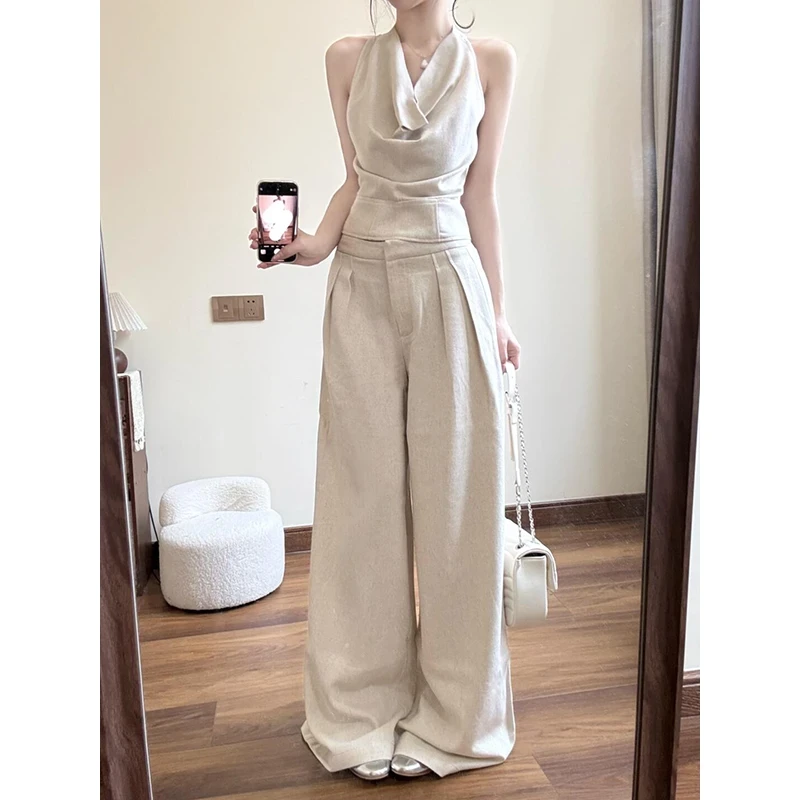 荡领挂脖系带背心阔腿裤两件套女夏季新款高级感休闲拖地裤子8520