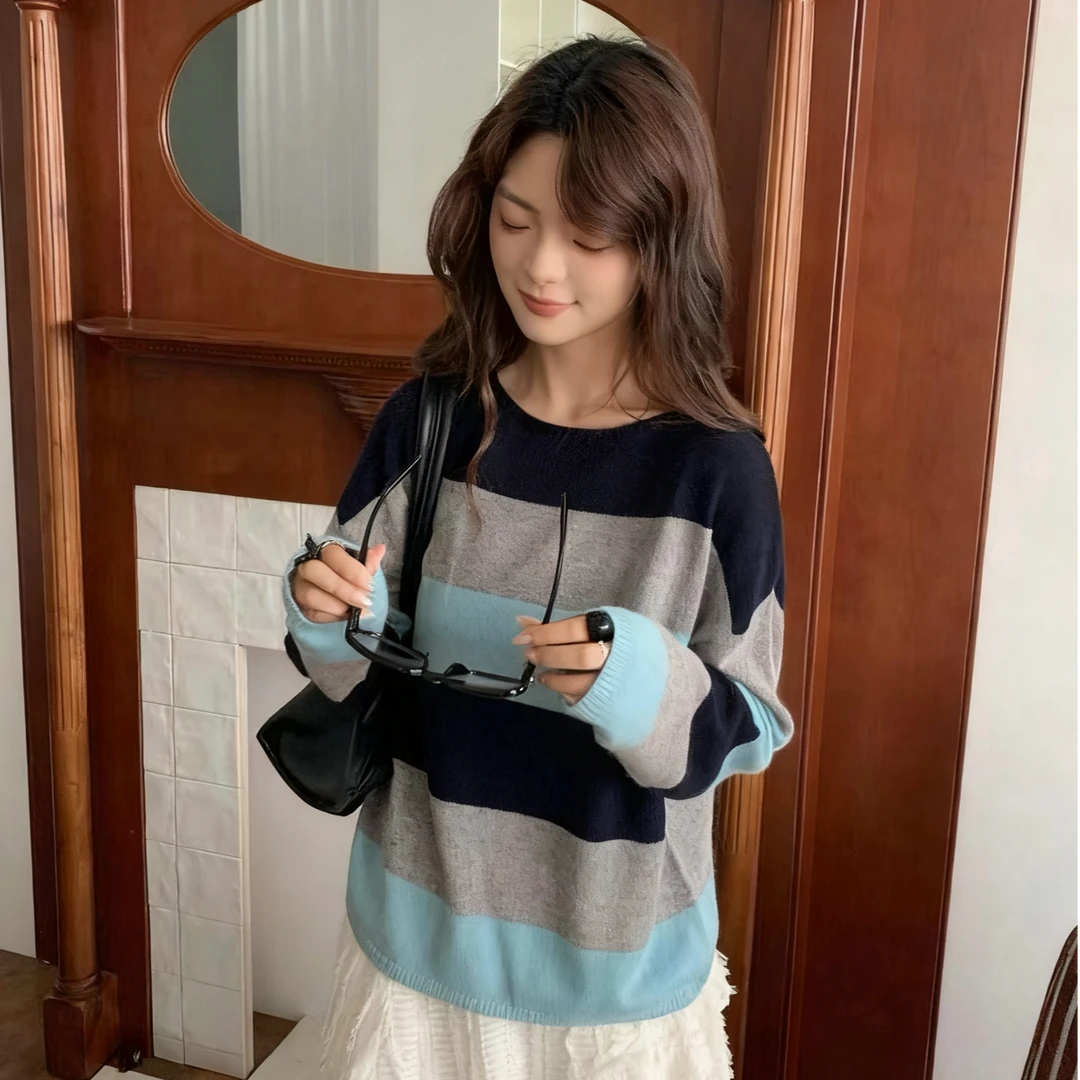 长袖拼接圆领厚款条纹毛衣针织拼色慵懒百搭8610