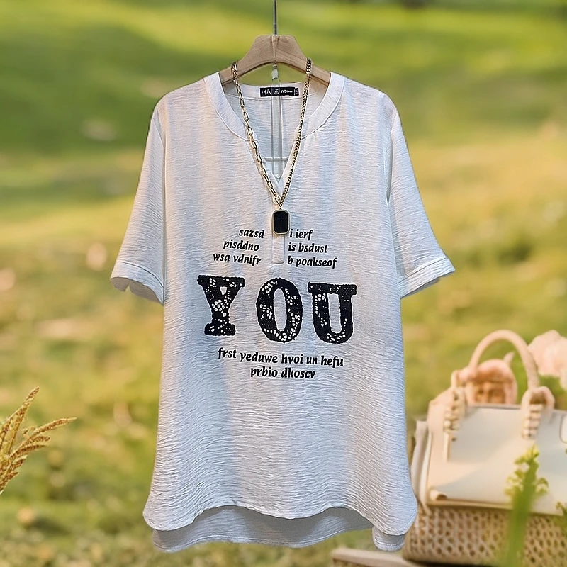 V领中长款短袖女性宽松型大码T恤不褪色通勤风烫印常规透气