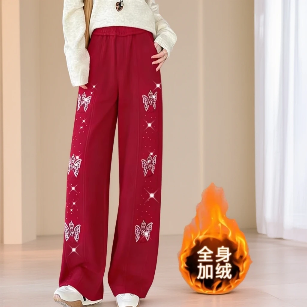 2025冬季新款【加绒】闪钻蝴蝶休闲直筒裤99179*