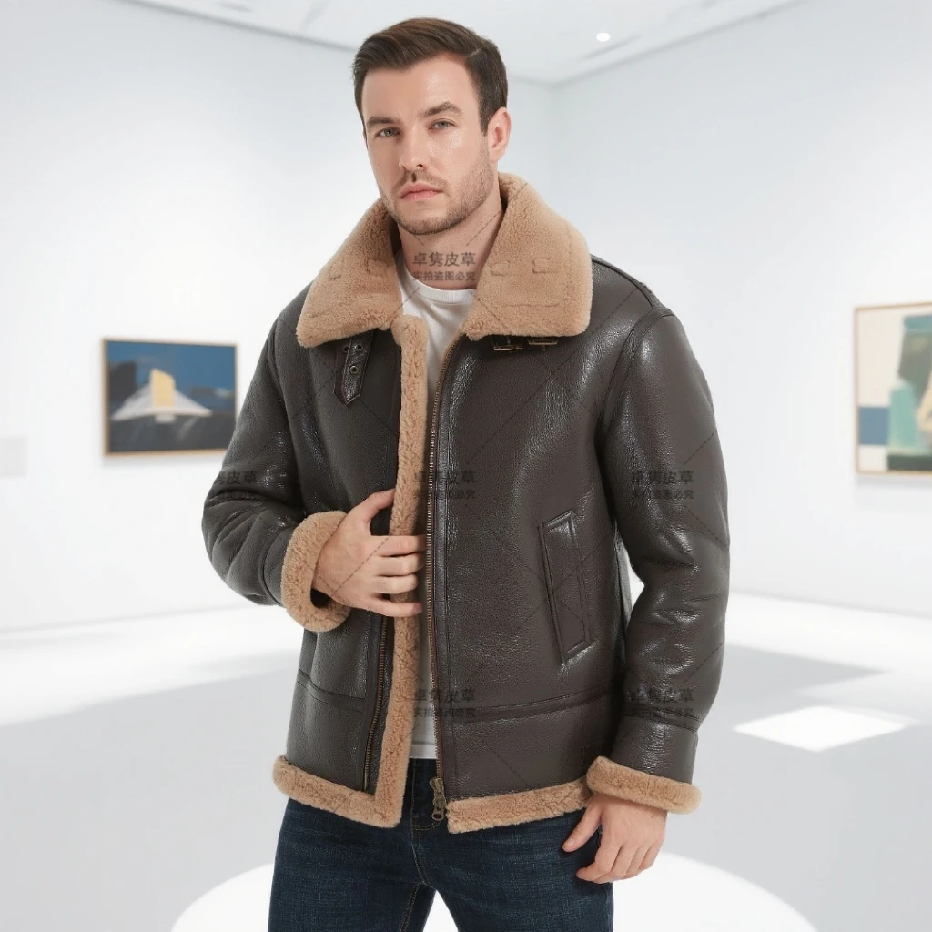 进口美利奴原生态羊皮毛一体冬季男士保暖真皮皮衣外套B3复古