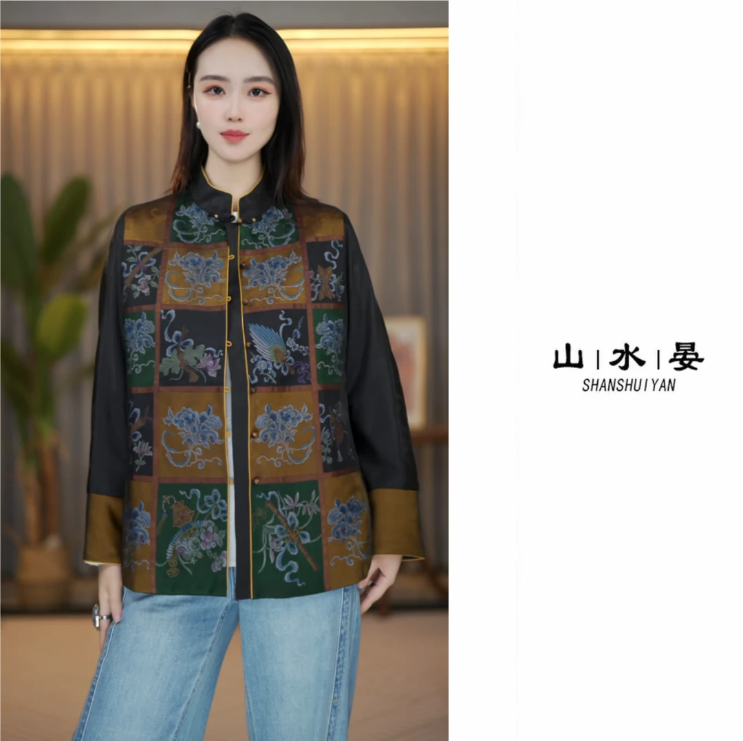 2025新款老料桑蚕丝上衣洋气时尚休闲中式秋季圆领UNX5332