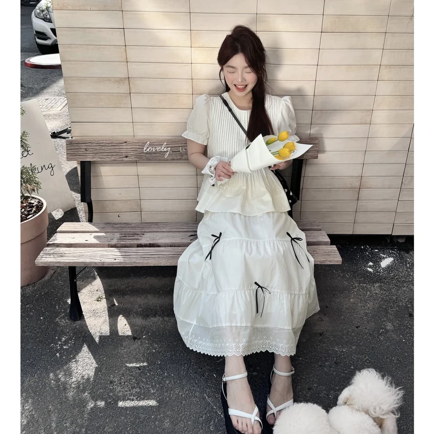 【纯白情书】白色泡泡袖圆领褶皱上衣+全松紧高腰A字蛋糕半身裙套装