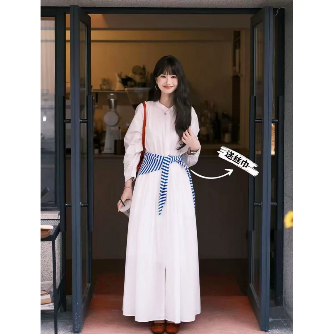 【运费补贴】法式白色长袖连衣裙2025早秋气质高级感宽松显瘦长裙