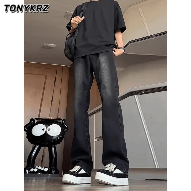TONYKRZ黑色水洗渐变牛仔裤男直筒美式vibe裤子弯刀微喇长裤子潮