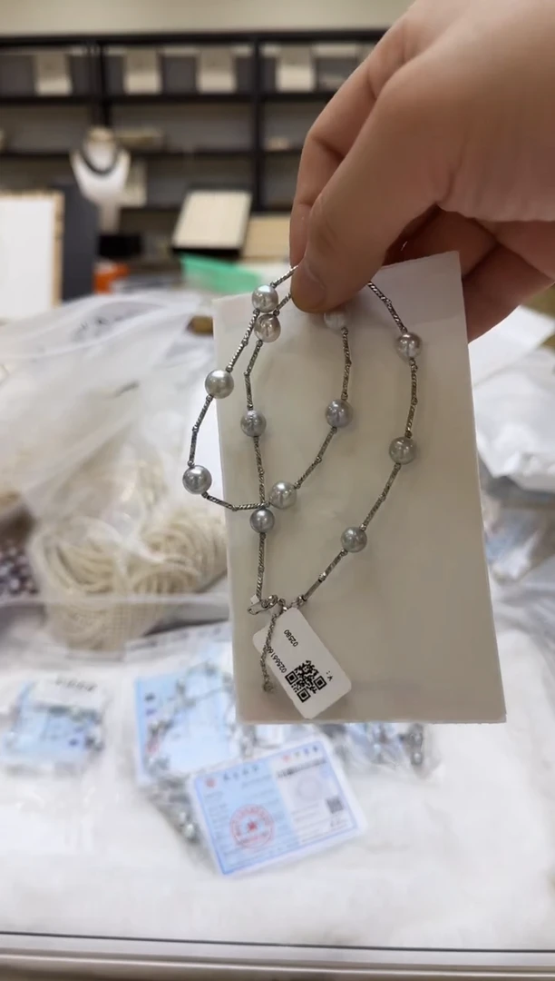 海水珍珠银S925镶嵌项链7-8mm 真多麻银管满天星