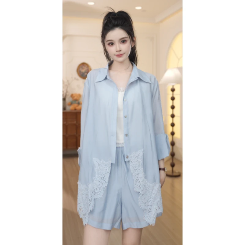 Basic House/百家好TS新款不规则蕾丝花边衬衫休闲短裤套装DX423