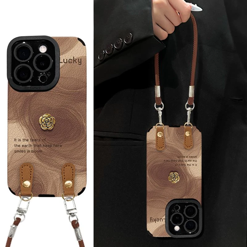 立体山茶花适用苹果17pro手机壳挂绳苹果16promax小羊皮高级感女