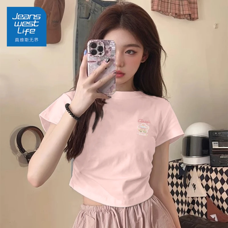 真维斯无界夏女士短袖T恤粉色短款可爱印花简约清新小衫时尚上衣