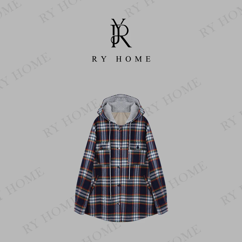 【容雨RYHOME】100棉~连帽对格抽绳中长款外套243W1907