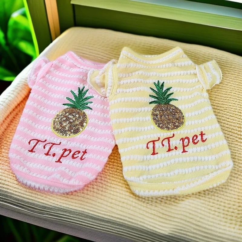出口外贸日单 春夏款菠萝亮片刺绣 宠物背心打底衫