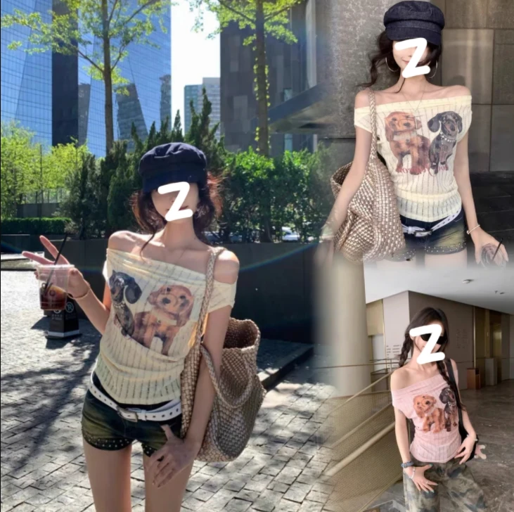 纯欲风一字肩小狗印花短袖T恤女 夏季修身显瘦凉感上衣女