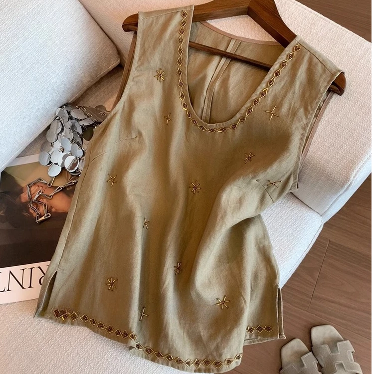 法式串珠刺绣u领亚麻无袖上衣女夏季新款设计感时尚气质显瘦背心