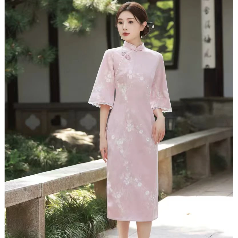 江南春【粉花香】新中式微胖女生小个子传统款旗袍气质奢华