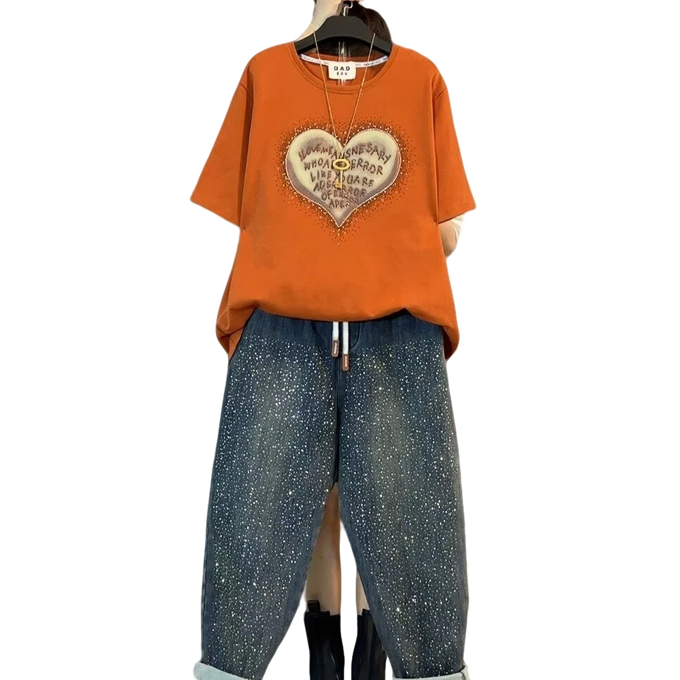大维罗依DAD欧货烫钻爱心印图大衫＋满钻水洗牛仔裤