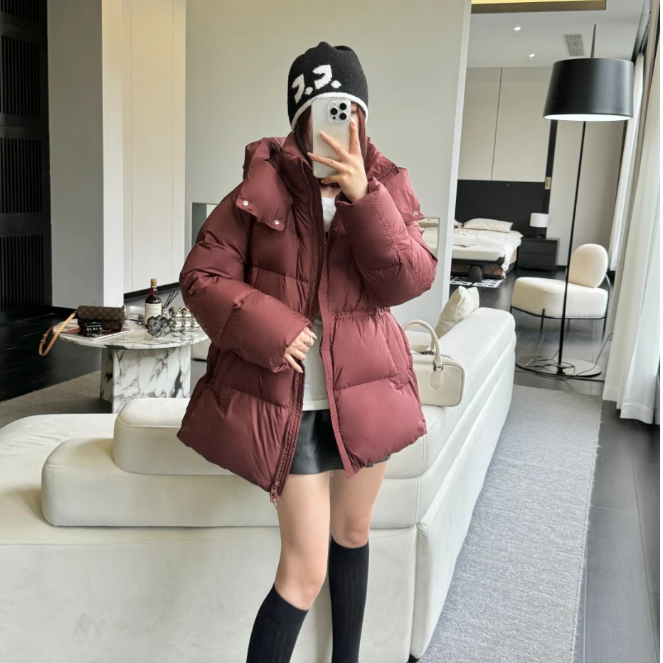 新款韩版白鸭绒羽服女中长款连帽宽松收腰外套