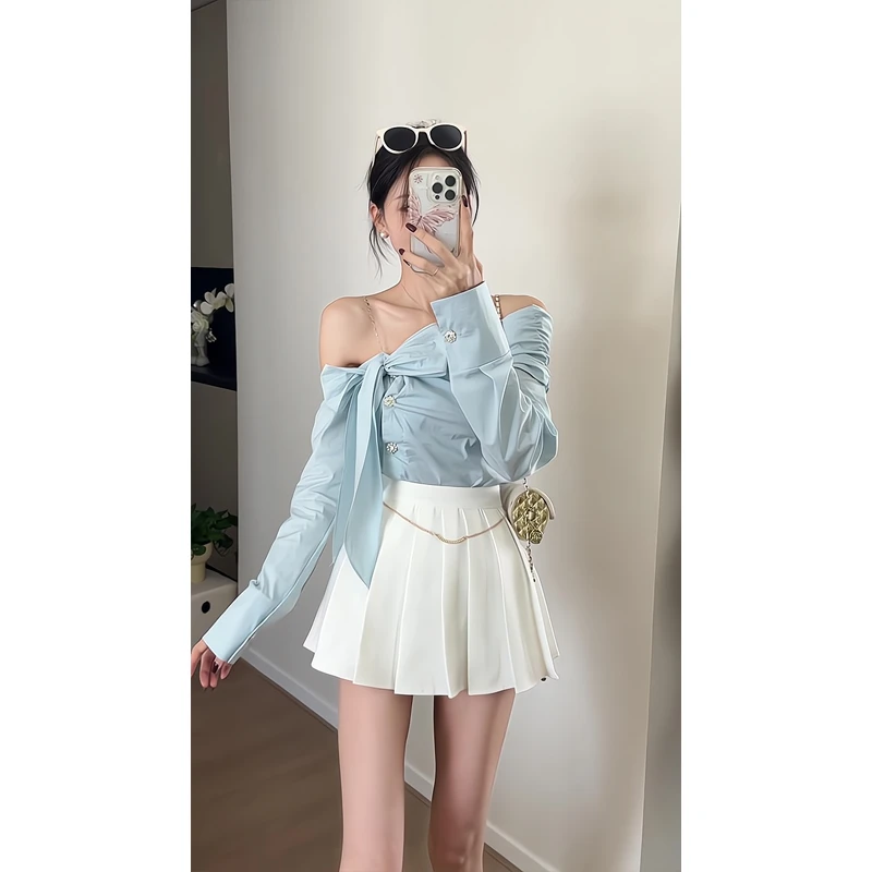纯欲辣妹斜露肩长袖衬衫蝴蝶结吊带上衣蓬蓬半身裙百褶短裙a字裙