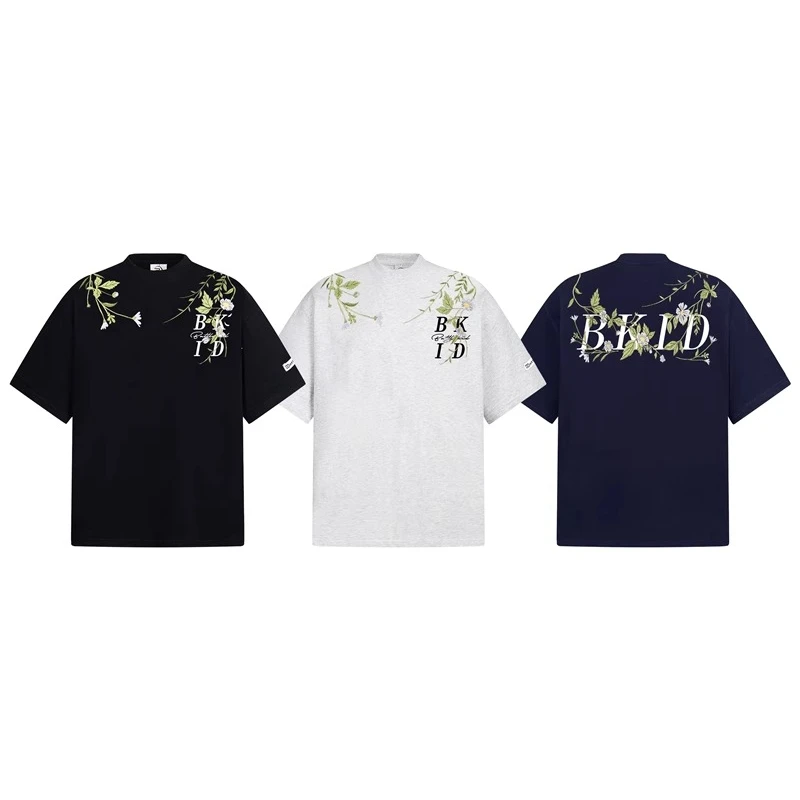 美式复古花卉刺绣短袖T恤男女夏季宽松百搭情侣装半袖上衣ins